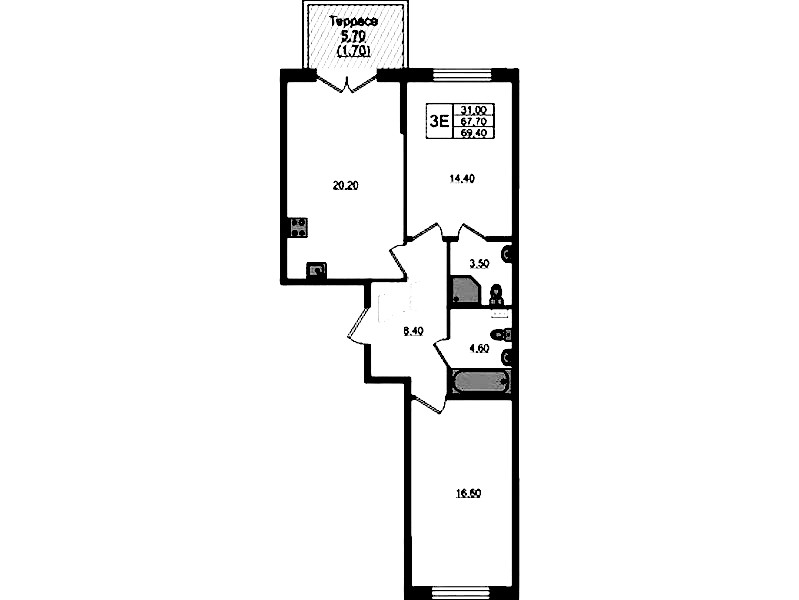 2-комнатная квартира 69.4 м², 1/4 эт., ЖК «Пулковский дом»